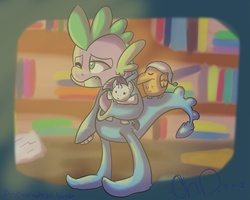 Size: 1280x1024 | Tagged: safe, artist:asparama-whozit, peewee, rarity, spike, g4, clothes, footed sleeper, hat, hilarious in hindsight, nightcap, pajamas, plushie, rarity plushie, tired