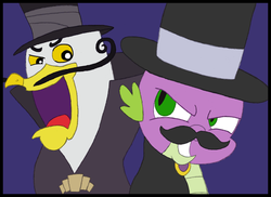 Size: 900x654 | Tagged: safe, artist:flimbostache, gustave le grande, spike, griffon, g4, mmmystery on the friendship express, owl's well that ends well, duo of evil, moustache