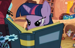 Size: 553x356 | Tagged: safe, screencap, spike, twilight sparkle, dragon, pony, g4, spike at your service, book, cropped, duo, female, male, mare, reading