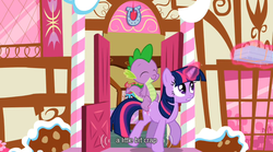 Size: 640x355 | Tagged: safe, screencap, spike, twilight sparkle, dragon, pony, g4, lesson zero, my little pony: friendship is magic, dragons riding ponies, duo focus, mlp-captions, riding, spike riding twilight, sugarcube corner