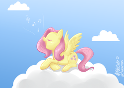 Size: 800x566 | Tagged: safe, artist:apple-cake, fluttershy, pony, g4, cloud, cloudy, female, singing, solo