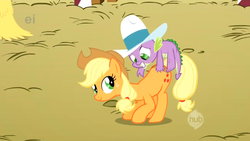 Size: 1920x1080 | Tagged: safe, screencap, applejack, spike, dragon, earth pony, pony, fall weather friends, g4, bucking, butt touch, dragons riding ponies, duo, duo male and female, female, hand on butt, hat, male, mare, out of context, riding, spike riding applejack, ten gallon hat