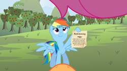 Size: 1024x572 | Tagged: safe, rainbow dash, scootaloo, pegasus, pony, g4, female, filly, mare, pov, restraining order, scootalove denied, scootavision, tree, troll