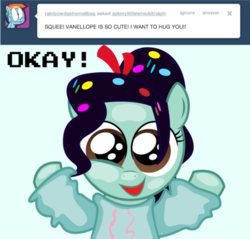 Size: 500x477 | Tagged: safe, artist:alisonwonderland1951, ask the wreck-it ralph ponies, ask, cute, ponified, sugar rush, tumblr, vanellope von schweetz, wreck-it ralph