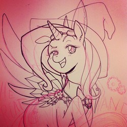 Size: 612x612 | Tagged: safe, artist:hezaa, trixie, g4, sketch, smiling, steampunk, wings, wip