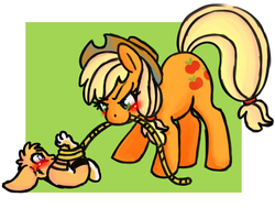 Size: 956x762 | Tagged: safe, artist:panda-chan, applejack, oc, oc:0r0ch1, earth pony, pony, g4, abstract background, blushing, cute, lasso, looking at each other, lying down, on back, rabbit oc