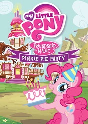 Size: 1136x1600 | Tagged: safe, pinkie pie, earth pony, pony, g4, official, birthday cake, cake, dvd, female, food, my little pony logo, my little pony: friendship is magic logo, shout factory, solo, sugarcube corner