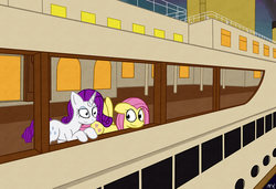 Size: 1000x684 | Tagged: safe, artist:mostlyponyart, fluttershy, rarity, g4, duo, female, lidded eyes, mare, ship, smiling, titanic