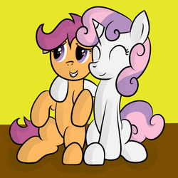 Size: 700x700 | Tagged: safe, scootaloo, sweetie belle, g4, duo, female, filly, foal, hoof around neck, lesbian, ship:scootabelle, shipping, sitting