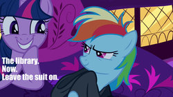 Size: 1280x720 | Tagged: safe, edit, edited screencap, screencap, rainbow dash, twilight sparkle, pony, g4, read it and weep, caption, out of context, sneaking suit, text