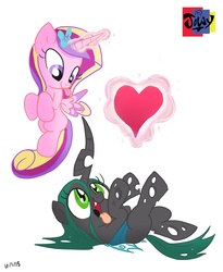 Size: 2480x3028 | Tagged: safe, artist:jowyb, princess cadance, queen chrysalis, alicorn, changeling, changeling queen, nymph, pony, g4, cute, cutealis, duo, female, filly, heart, lying down, on back