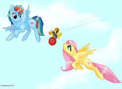 Size: 900x663 | Tagged: safe, artist:snakehands, fluttershy, rainbow dash, butterfly, g4, adventure time, crossover, male