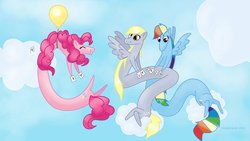 Size: 900x506 | Tagged: safe, artist:snakehands, derpy hooves, pinkie pie, rainbow dash, g4, adventure time, balloon, crossover, male, rainicorn, species swap, then watch her balloons lift her up to the sky