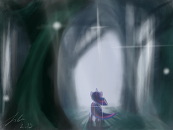 Size: 800x600 | Tagged: safe, artist:strangemoose, twilight sparkle, pony, g4, female, forest, looking away, looking up, rear view, solo