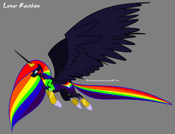 Size: 900x691 | Tagged: safe, artist:briannathewingedwolf, oc, oc only, oc:lunar rainbow, alicorn, pony, alicorn oc, alternate universe, crown, cyan eyes, donut steel, eyeshadow, flying, gray background, jewelry, large wings, long hair, long mane, long tail, makeup, multicolored hair, rainbow hair, regalia, simple background, solo, tail, wings