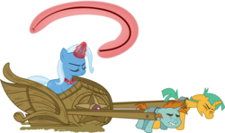 Size: 10000x5915 | Tagged: safe, artist:lightningtumble, snails, snips, trixie, pony, unicorn, g4, magic duel, absurd resolution, alicorn amulet, bucktooth, bullwhip, chariot, colt, eyes closed, female, foal, glowing horn, harness, horn, magic, male, mare, simple background, straining, tack, telekinesis, transparent background, vector, wheel, whip