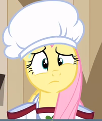 Size: 403x478 | Tagged: safe, screencap, fluttershy, pegasus, pony, g4, the last roundup, apron, bag, bust, clothes, confused, female, folded wings, hat, mare, nervous, saddle bag, solo, sweat, wings