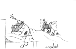 Size: 855x547 | Tagged: safe, artist:wingbeatpony, oc, oc only, oc:lightning dee, oc:windows, bed, blushing, eyes closed, glasses, horns, monochrome, open mouth, sleeping, soon, tongue out, zzz