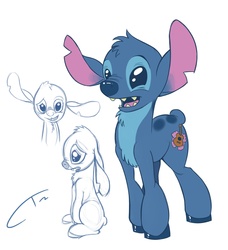 Size: 1528x1672 | Tagged: safe, artist:cybertoaster, hybrid, crossover, floppy ears, lilo and stitch, nose wrinkle, open mouth, ponified, sad, smiling, solo, stitch