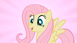 Size: 1280x712 | Tagged: safe, screencap, fluttershy, pegasus, pony, g4, female, looking at something, looking down, mare, open mouth, open smile, smiling, solo, spread wings, sunburst background, three quarter view, wings