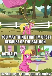 Size: 500x725 | Tagged: safe, edit, edited screencap, screencap, cherry berry, spike, twilight sparkle, dragon, earth pony, pony, unicorn, g4, spike at your service, too many pinkie pies, angry, aviator hat, bowl, comic, female, grumpy, hat, hot air balloon, image macro, male, mare, mouth hold, offscreen character, rope, sitting, solo focus, table, twinkling balloon