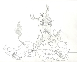 Size: 3113x2515 | Tagged: safe, artist:doccobb, princess celestia, queen chrysalis, alicorn, changeling, changeling queen, pony, g4, female, mare, monochrome, sitting on person, sitting on pony, traditional art, unamused