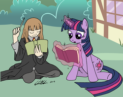 Size: 2439x1923 | Tagged: safe, artist:redapropos, twilight sparkle, human, g4, book, crossover, harry potter (series), hermione granger, magic, wand