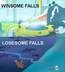 Size: 500x550 | Tagged: safe, scootaloo, g4, sleepless in ponyville, hub logo, pun, rainbow waterfall, winsome falls