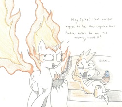 Size: 1364x1203 | Tagged: safe, artist:doccobb, spike, twilight sparkle, rapidash, g4, angry, couch, dialogue, eating, fire, food, muffin, rapidash twilight, scared, traditional art