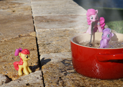 Size: 988x701 | Tagged: safe, apple bloom, diamond tiara, pinkie pie, g4, abuse, blind bag, cooked alive, cooking, implied cannibalism, irl, outdoors, person as food, photo, soup, steam, tiarabuse, toy, toy abuse