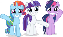 Size: 1006x600 | Tagged: safe, rainbow dash, rarity, twilight sparkle, g4, alternate hairstyle, colorist:bucky, palette swap, recolor, simple background, smiling, transparent background, vector, waving