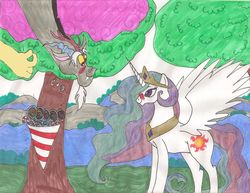 Size: 2200x1695 | Tagged: safe, artist:ticklishfairy, discord, princess celestia, g4, blushing, candy, female, male, ship:dislestia, shipping, straight, traditional art