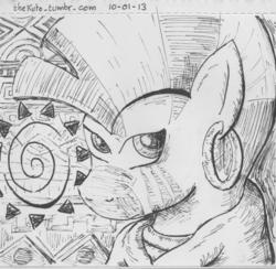 Size: 1280x1250 | Tagged: safe, artist:thekuto, zecora, pony, zebra, g4, 30 minute art challenge, cloak, clothes, cutie mark, cutie mark background, ear piercing, earring, female, grayscale, jewelry, looking at you, mare, monochrome, neck rings, piercing, quadrupedal, solo