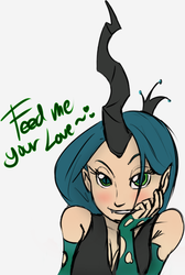 Size: 404x600 | Tagged: safe, artist:leadhooves, color edit, edit, queen chrysalis, human, g4, blushing, colored, dialogue, female, horn, horned humanization, humanized, solo