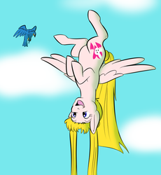 Size: 572x623 | Tagged: dead source, safe, artist:kourabiedes, bird, pegasus, pony, cloud, female, flying, light blue background, looking at something, open mouth, open smile, pigtails, ponified, sailor moon (series), simple background, sky, smiling, solo, spread wings, tsukino usagi, twintails, upside down, wings