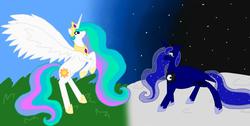 Size: 1366x686 | Tagged: safe, artist:blam13, princess celestia, princess luna, alicorn, pony, g4, crying, duo, duo female, female, mare, moon, royal sisters, siblings, sisters