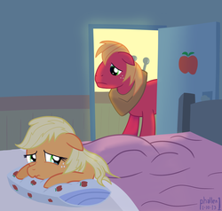 Size: 1820x1729 | Tagged: safe, artist:phallen1, applejack, big macintosh, earth pony, pony, g4, bed, crying, male, stallion