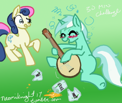 Size: 629x533 | Tagged: safe, artist:naomiknight17, bon bon, lyra heartstrings, sweetie drops, g4, 30 minute art challenge, alcohol, banjo, beer, blushing, bon bon is not amused, drunk, duo, musical instrument