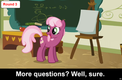 Size: 1024x672 | Tagged: safe, cheerilee, earth pony, pony, comic:celestia's servant interview, g4, caption, female, interview, meta, ponyville schoolhouse, solo