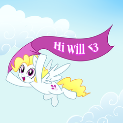 Size: 1500x1500 | Tagged: safe, artist:madmax, surprise, pegasus, pony, ask surprise, g1, g4, banner, cloud, female, flying, g1 to g4, generation leap, hi, hoof hold, mare, open mouth, open smile, sky, sky background, smiling, solo, text, willdrawforfood1