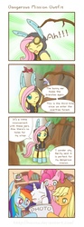 Size: 891x2386 | Tagged: safe, artist:howxu, applejack, fluttershy, pinkie pie, rainbow dash, rarity, spike, bird, dragon, earth pony, pegasus, pony, unicorn, g4, magic duel, applejack's hat, blushing, bunny ears, clothes, comic, cowboy hat, dangerous mission outfit, dialogue, eyes closed, female, hat, heart, hoodie, male, mare, one eye closed, open mouth, smiling, stetson, wingboner
