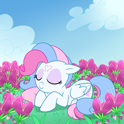 Size: 1500x1500 | Tagged: safe, artist:madmax, star catcher, pegasus, pony, g3, g4, cloud, eyeshadow, facial markings, female, field, flower, folded wings, g3 to g4, generation leap, grass, lying down, makeup, mare, prone, solo, wings