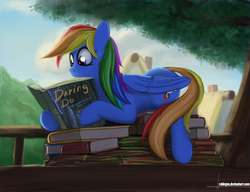 Size: 1300x1000 | Tagged: safe, artist:rublegun, daring do, rainbow dash, pegasus, pony, g4, book, book nest, cute, dashabetes, pile, reading, solo