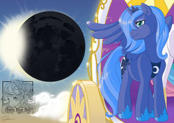 Size: 900x636 | Tagged: dead source, safe, artist:baby-blue-bell, princess celestia, princess luna, pony, g4, carriage, eclipse, female, moon, s1 luna, solo, story in the comments, sun