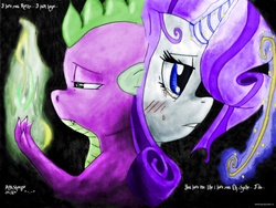 Size: 1024x768 | Tagged: safe, artist:amsheegar, rarity, spike, g4, crying, female, fire, male, ship:sparity, shipping, straight, text