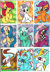 Size: 700x1002 | Tagged: safe, artist:shinyumbie, apple bloom, bon bon, cheerilee, gilda, lyra heartstrings, princess celestia, rainbow dash, scootaloo, sweetie belle, sweetie drops, griffon, g4, 80s, 80s cheerilee