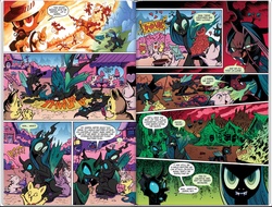 Size: 1241x941 | Tagged: safe, artist:andypriceart, idw, official comic, queen chrysalis, spike, tagma, changeling, changeling queen, g4, the return of queen chrysalis, spoiler:comic03, abuse, angry, animal abuse, butt, changeling feeding, changeling officer, changeling slime, comic, cute citizens of wuvy-dovey land, fangs, female, heart, hissing, implied genocide, implied murder, innocent kitten, licking, licking lips, mommy chrissy, plot, scared, shocked, tongue out, wovey dovey land, wub, you know for kids