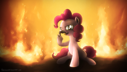 Size: 1920x1080 | Tagged: safe, artist:fongsaunder, pinkie pie, earth pony, pony, g4, evil, female, fire, moustache, sitting, solo