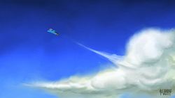 Size: 1920x1080 | Tagged: safe, artist:vsabbath, rainbow dash, g4, blue sky, cloud, day, flying, sky, solo, trail