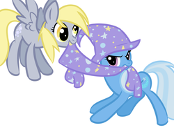 Size: 800x600 | Tagged: safe, artist:katastrofuck, derpy hooves, trixie, pegasus, pony, unicorn, g4, cape, clothes, duo, duo female, female, hat, horn, magic, mare, simple background, trixie's cape, trixie's hat, white background